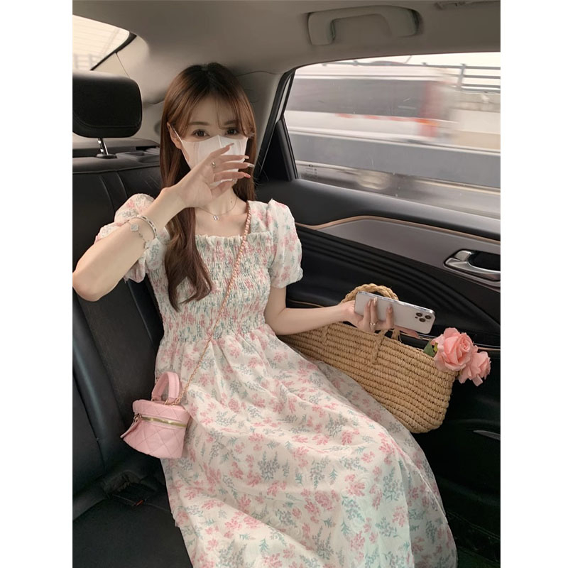 原版做工 法式甜美方領泡泡袖碎花連衣裙夏季收腰顯瘦初戀裙
