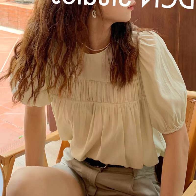 夏季小清新甜美襯衣女褶皺泡泡法式娃娃白襯衫女襯衣