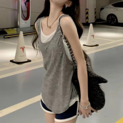 32-ply cotton official casual two-piece color-blocked women's thin sleeveless round-neck loose top