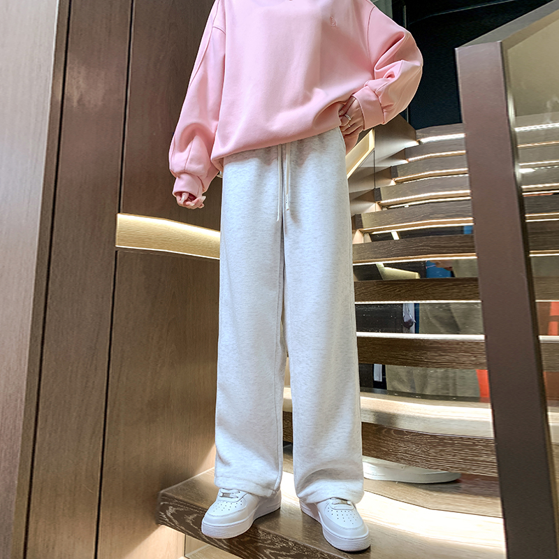 實拍 華棉複合 休閒衛褲美式復古灰色闊腿褲子運動長褲