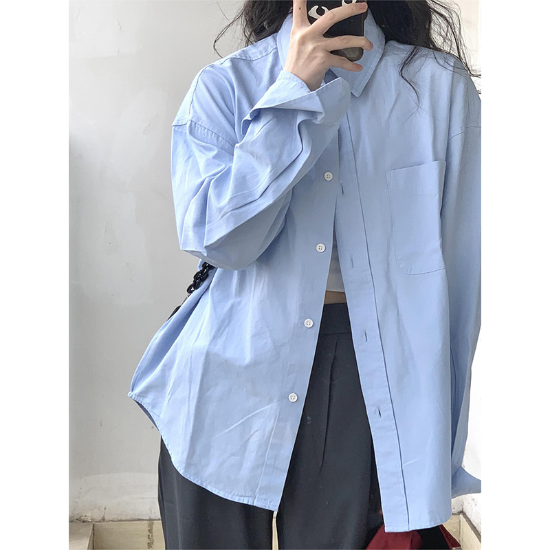 原版天貓直播質量純棉2024早春新款法式藍色襯衫長袖外套女