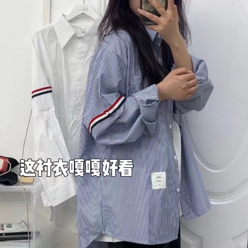 韓國chic純色寬鬆百搭條紋單排扣翻領長袖襯衫女