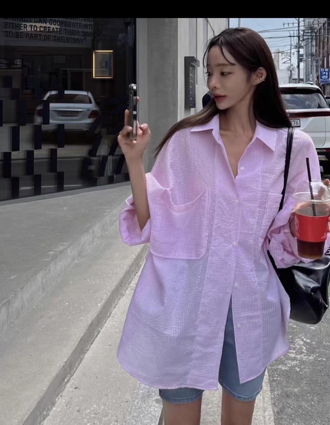 Korean chic solid color loose and versatile striped single-breasted lapel long-sleeved shirt for women