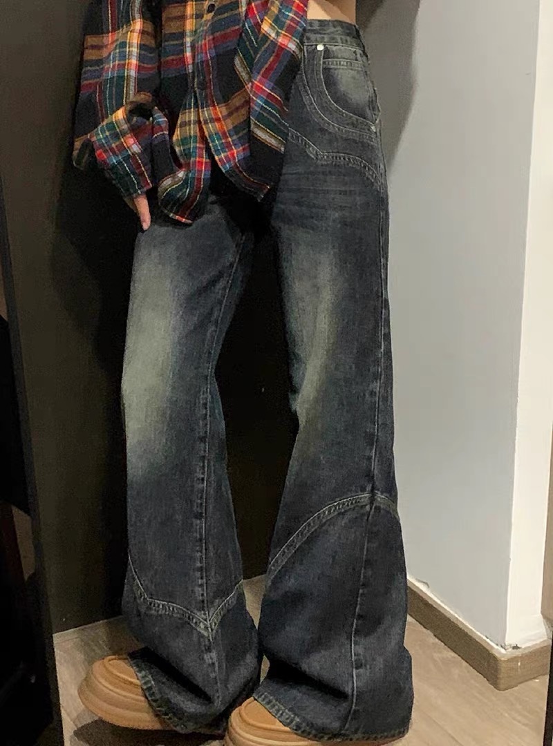 美式復古拼接高腰微喇牛仔褲女春秋季寬鬆設計感百搭闊腿拖地褲子