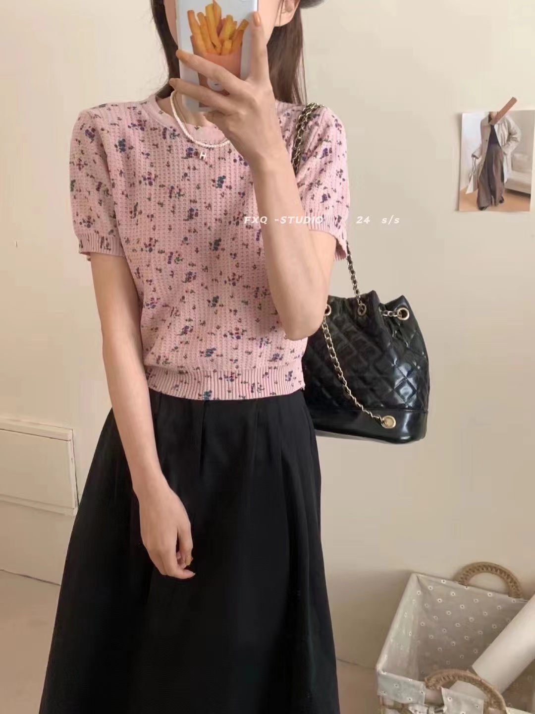 BB家毛針織韓系溫柔簡約高級花色印花短上衣印花森系新潮毛針織
