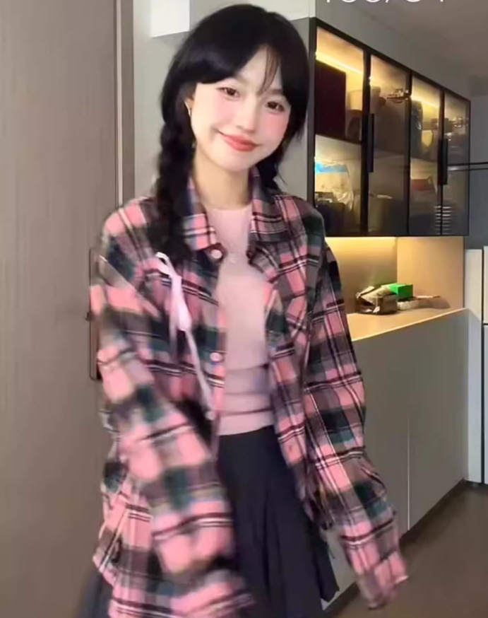 格子襯衫外套女裝2024新款春秋小衫寬鬆長袖小個子襯衣設計感小眾