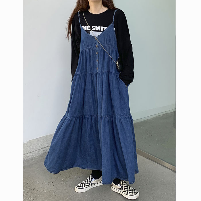 202 new style pleated oversized suspender denim dress long suspender skirt