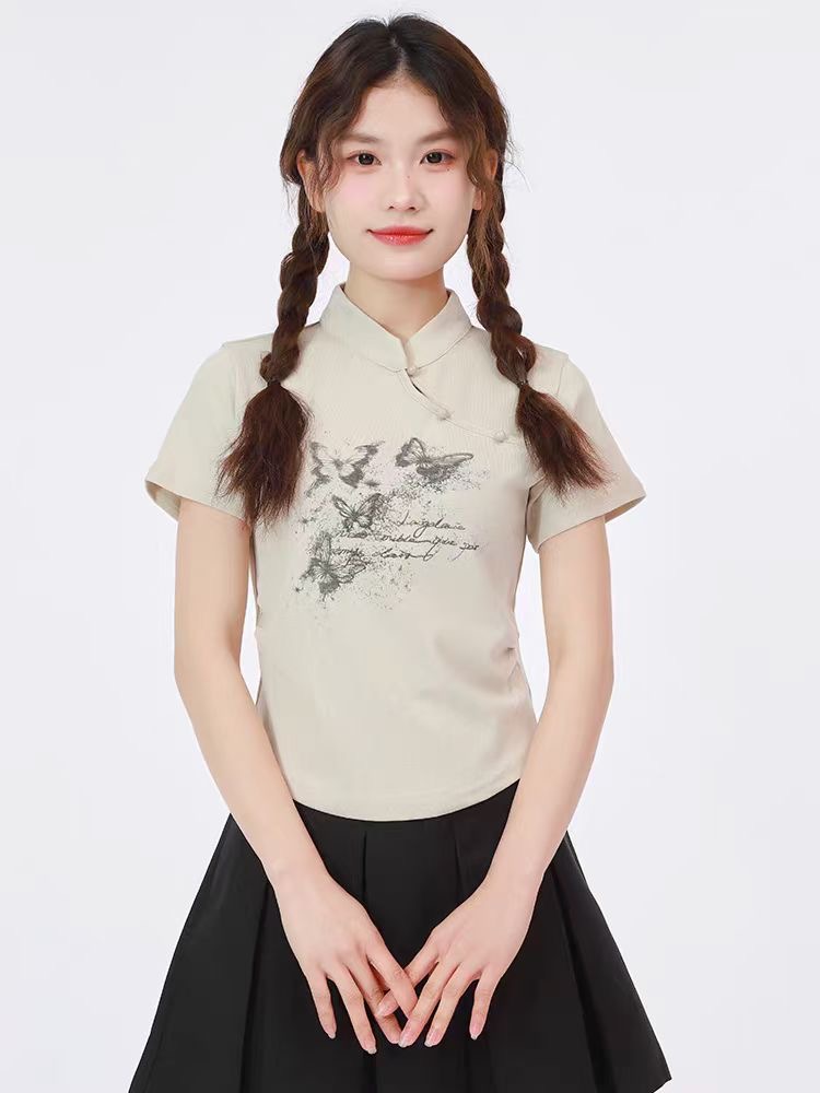 國風中式設計感小眾辣妹短袖T恤女2024夏季新款洋氣修身短款上衣
