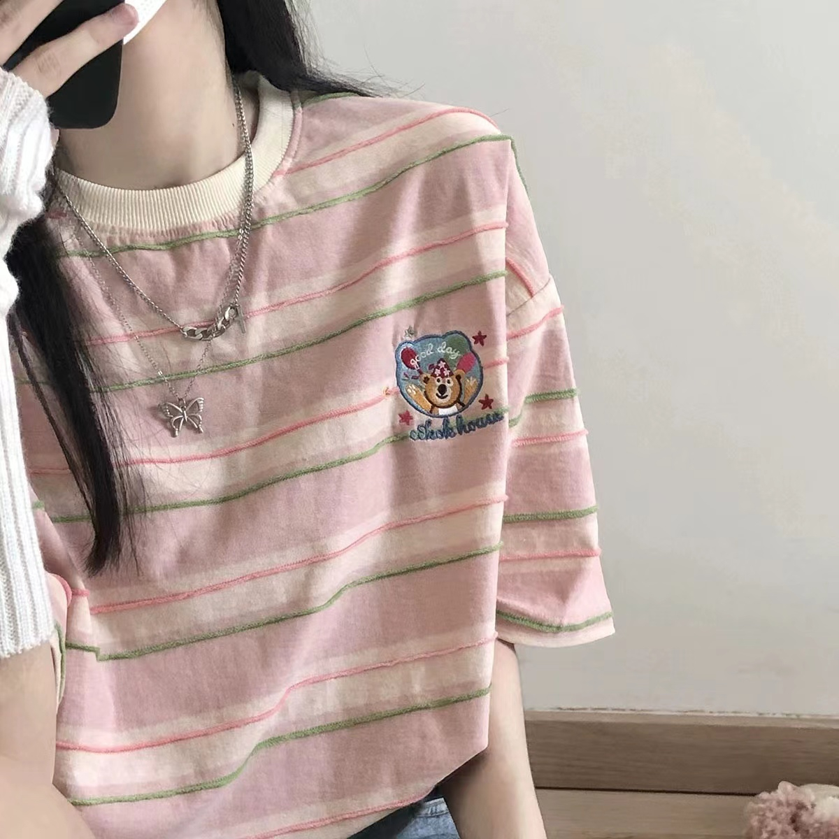 粉色條紋刺繡t恤女洋氣減齡上衣短袖女