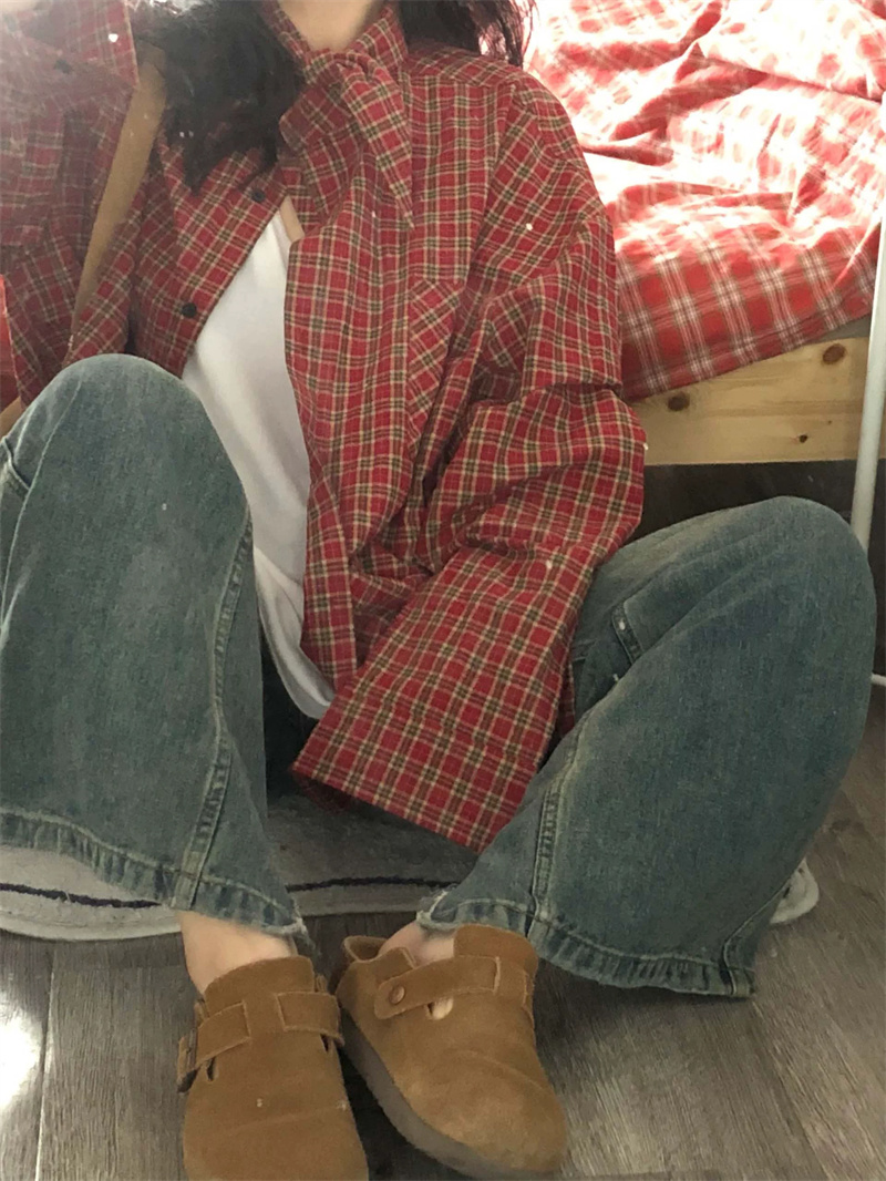 日系新款寬鬆紅色格子襯衫女秋季中長款顯白Polo翻領襯衣上衣