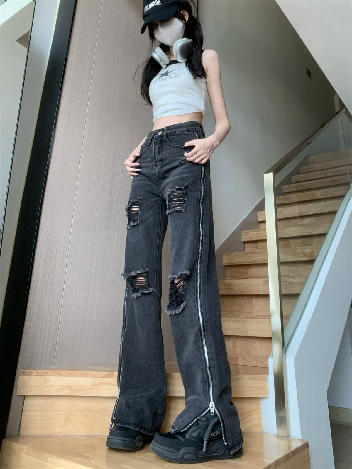 實拍！美式vibe風嘻哈高街黑灰色破洞牛仔褲直筒長褲全開拉鏈