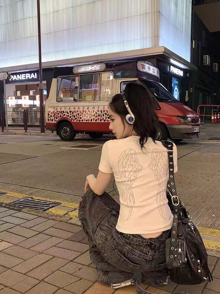 韓系簡約風天使翅膀燙鑽白色短袖T恤女夏季緊身辣妹性感上衣女