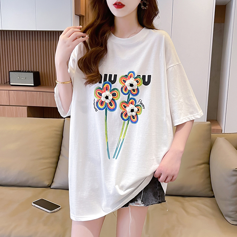 | 實拍100%純棉 | 後包領 | 夏季韓版中長款立體花短袖T恤女