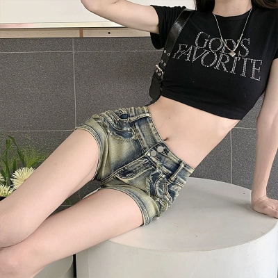 American Hot Girl Tight Denim Shorts Women's Summer High Waist Slim Small Large Size Riveted Wide Leg Ultra Short Hot Pants