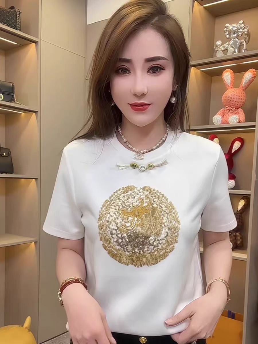 新中式國風紅色龍年亮片刺繡短袖T恤女2024春洋氣時尚百搭上衣服