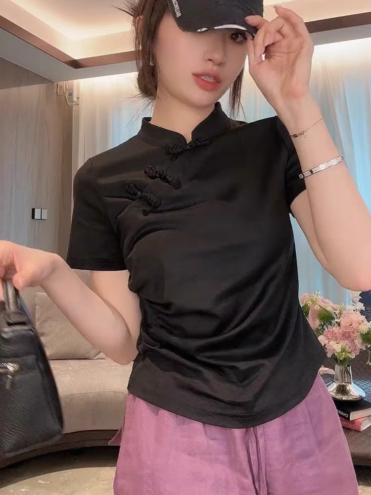 新中式短袖襯衫女2024新款改良旗袍國風紐結盤扣修身顯瘦立領上衣