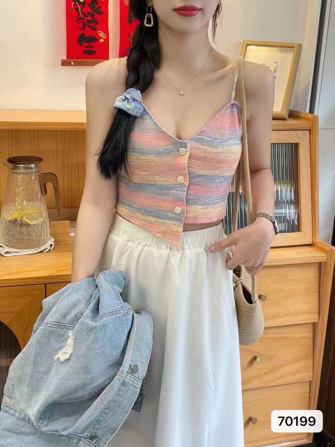 2024夏季新款設計感甜辣妹彩虹條紋不規則下擺吊帶