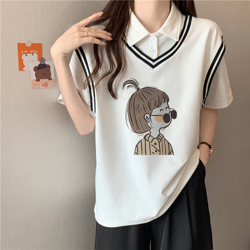 實拍100聚酯纖維假兩件polo韓版寬鬆短袖t恤女潮