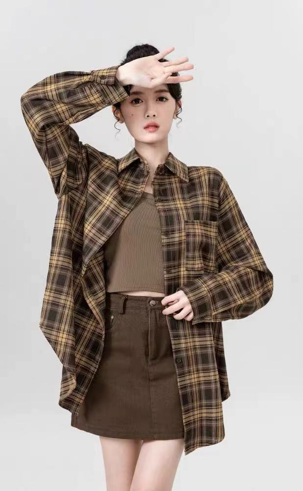 復古polo領格子長袖襯衫外套女2024春秋新款美拉德中長款休閒襯衣