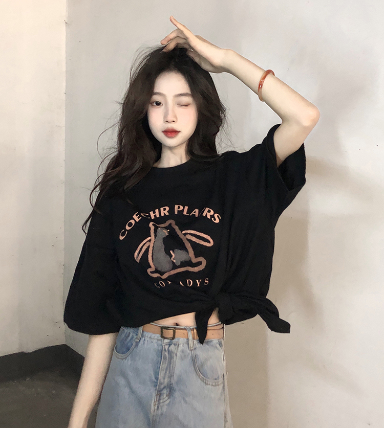 純棉小熊短袖T恤春季新款開叉設計感小眾別致黑色打底衫上衣女裝