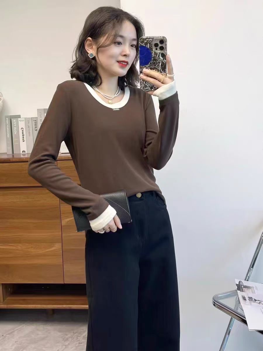 歐貨復古長袖t恤女2024春夏時髦撞色拼接打底衫內搭別致百搭上衣