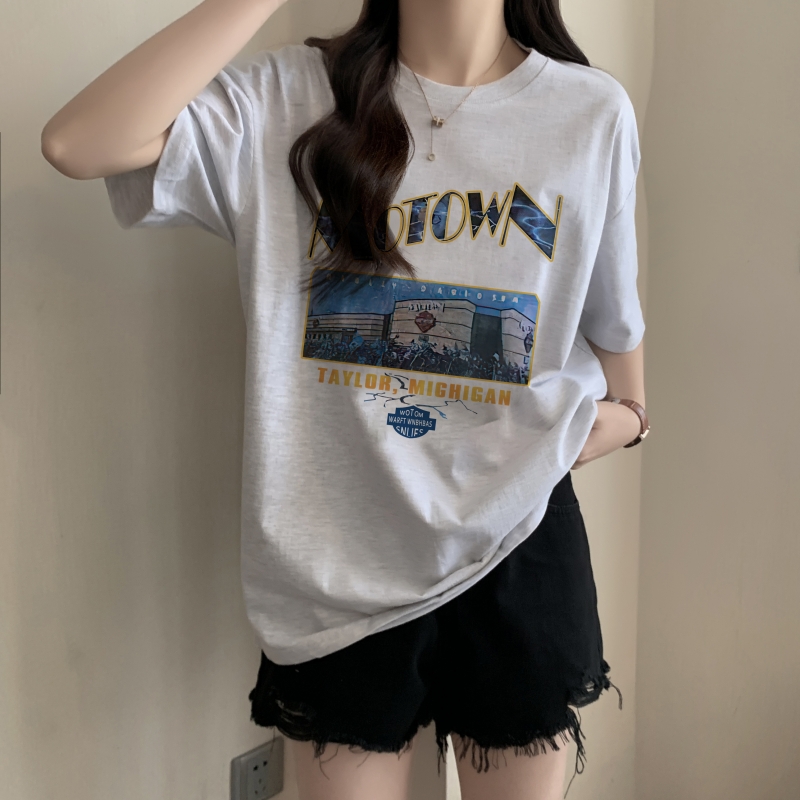實拍 100%棉精梳純棉 印花夏裝短袖T恤女寬鬆韓版