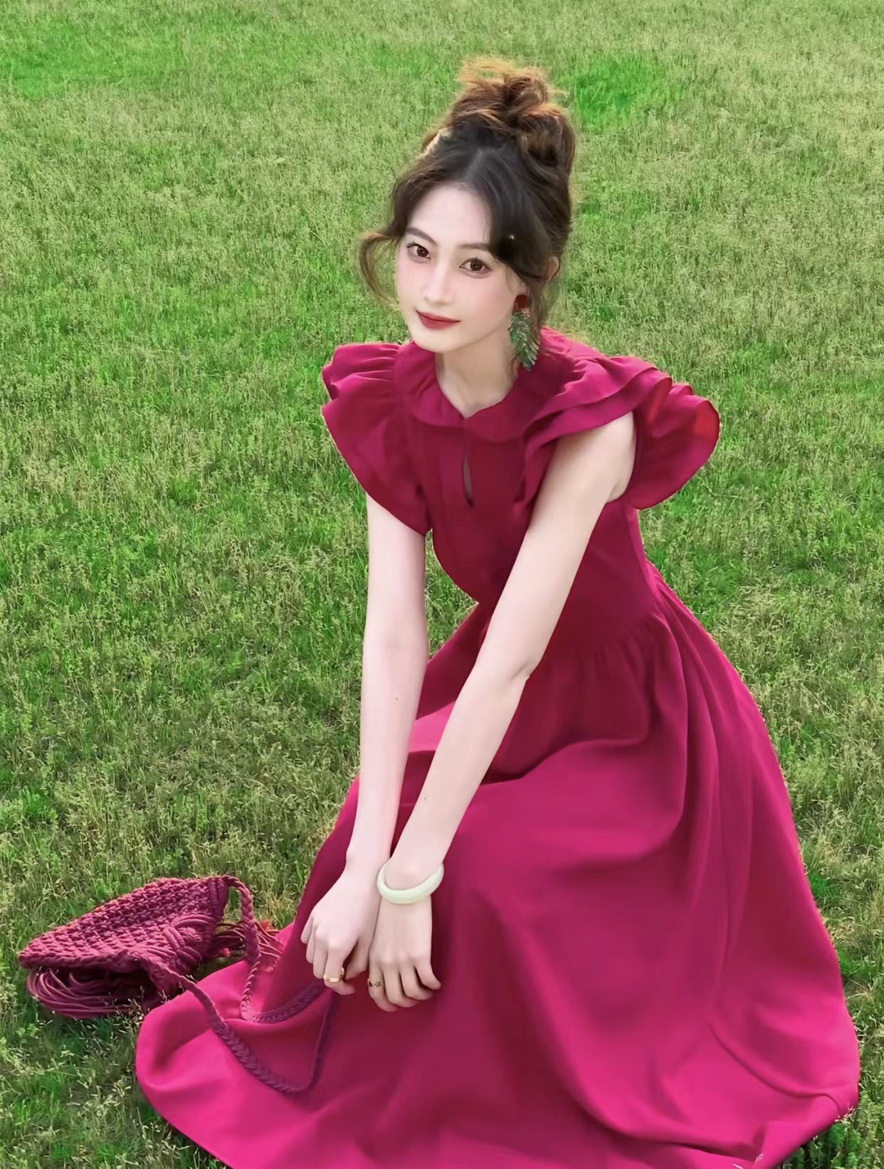 吃綠色菜 多肉莓莓顯白樹莓紅色飛飛袖連衣裙夏
