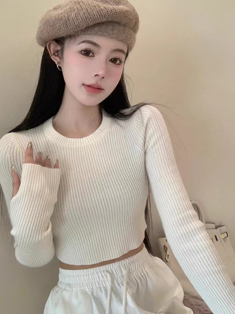 黑色長袖短款毛衣針織衫女新款修身打底內搭辣妹上衣服