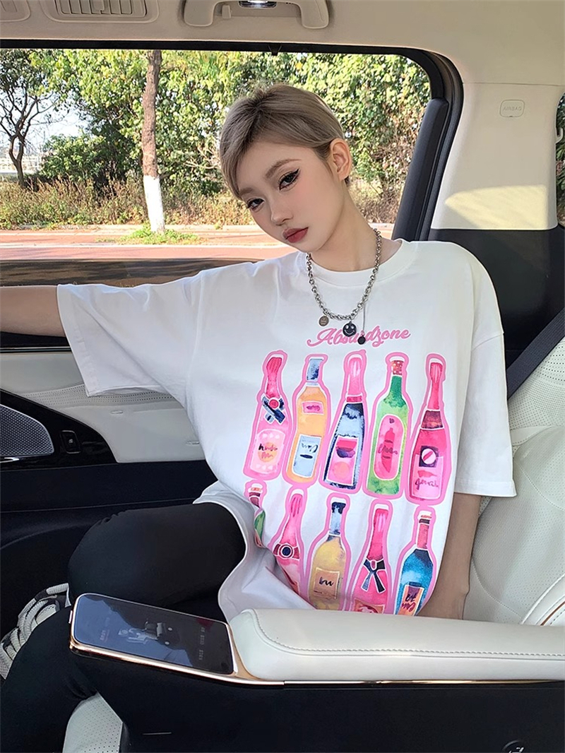 純棉 天貓質量 美式慵懶風瓶子印花寬鬆百搭T恤