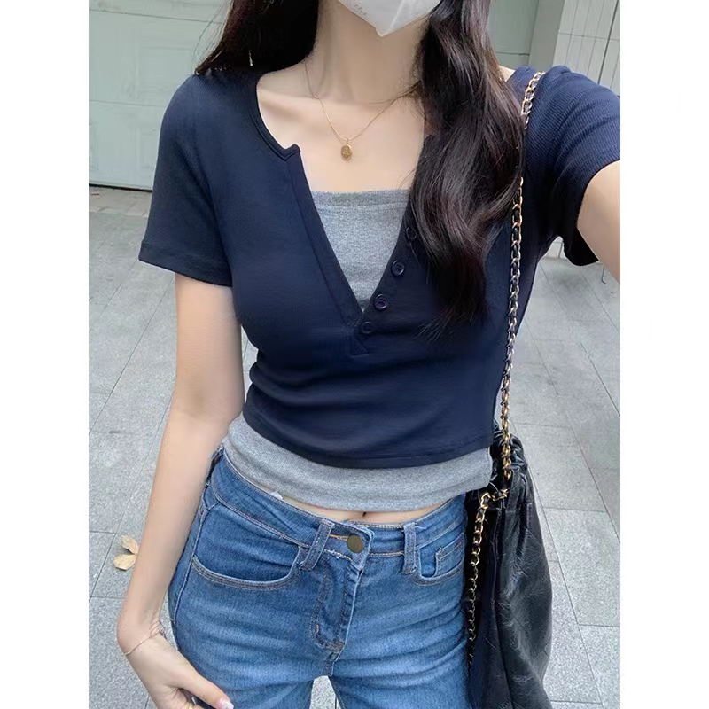 韓系簡約學院風拼色設計正肩短袖t恤2024春夏女新款上衣女