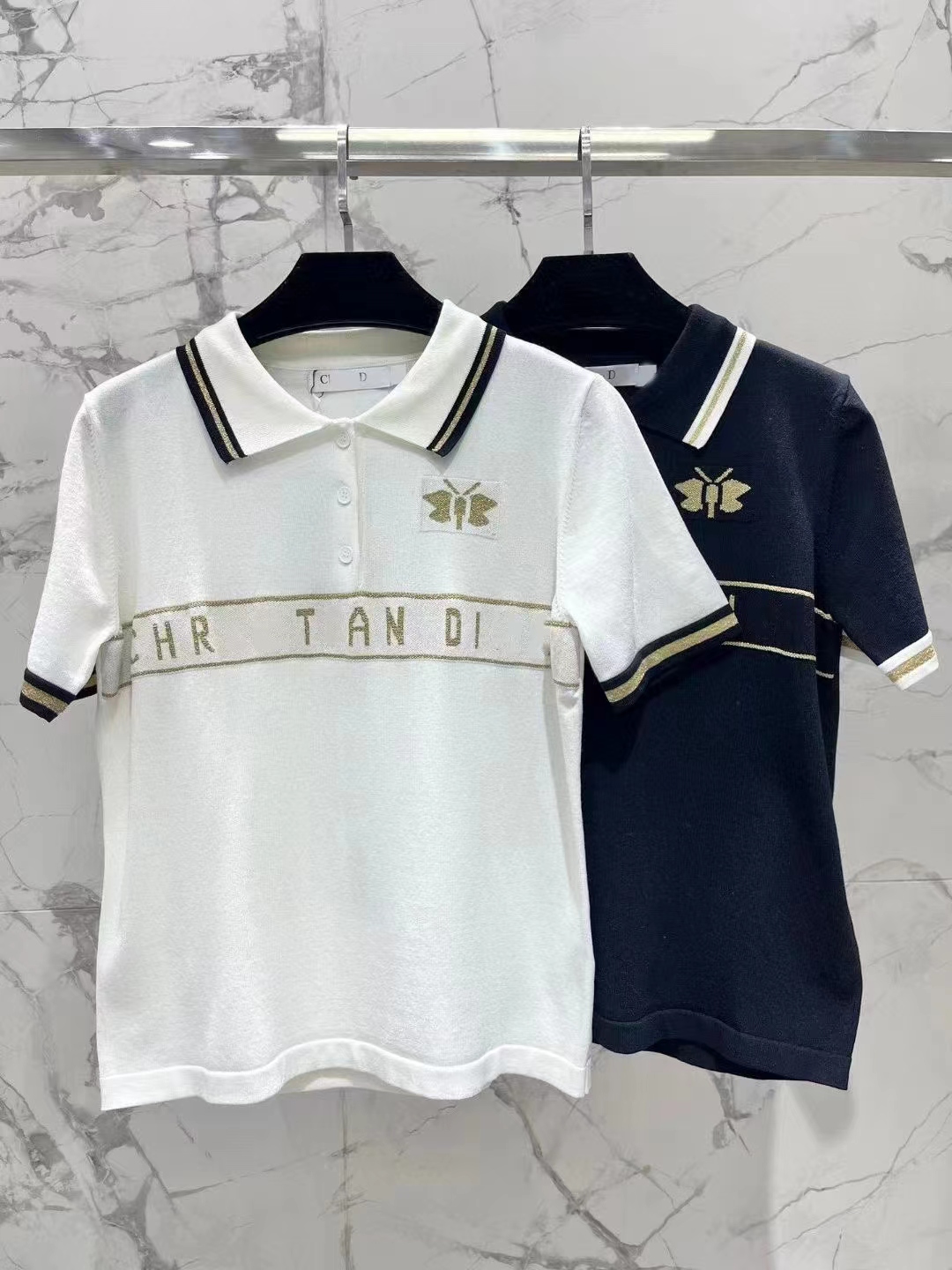 歐洲站2024年針織新款D+刺繡字母條紋Polo衫短袖套頭寬鬆百搭上衣