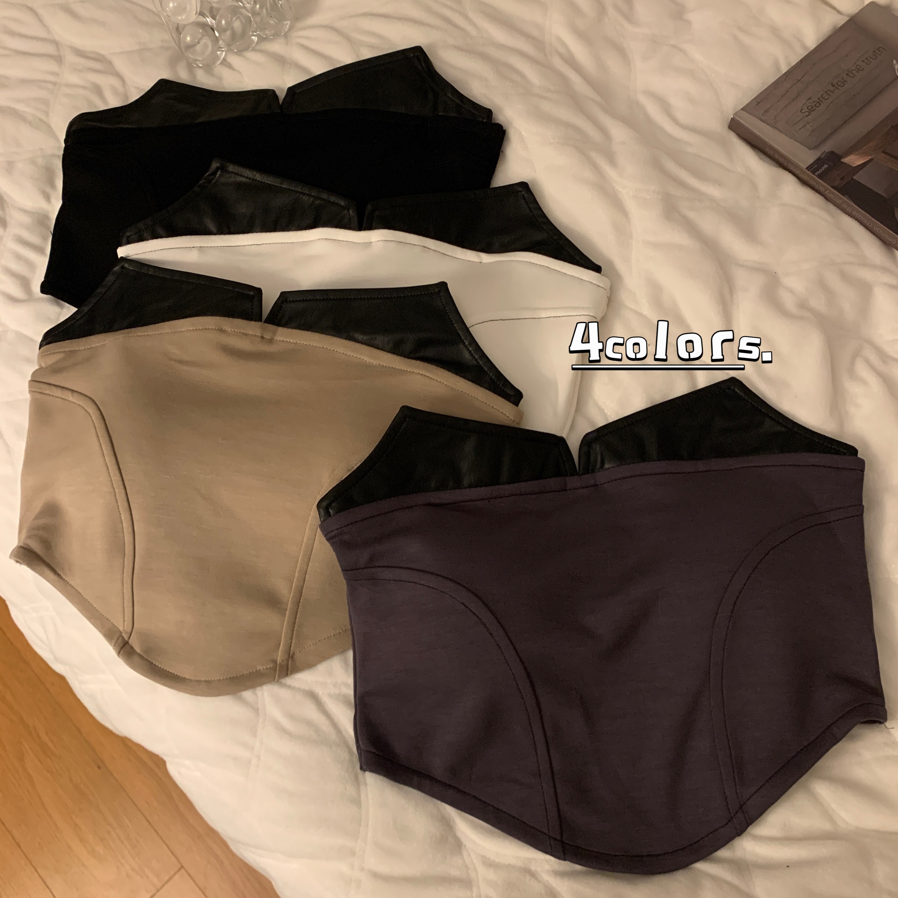 Actual shot of the new Korean style strapless personalized PU leather splicing short style with breast pads to prevent exposure for hot girls’ beautiful backs