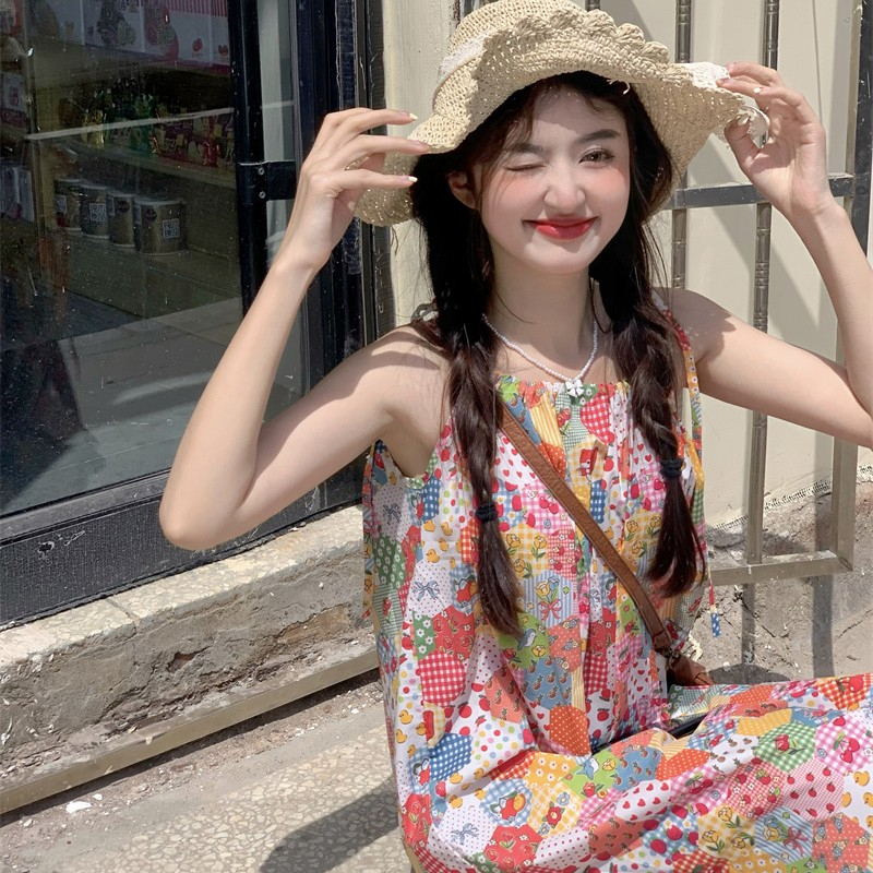 碎花吊帶連衣裙女夏季2024新款甜美減齡獨特超好看拼接花邊長裙子