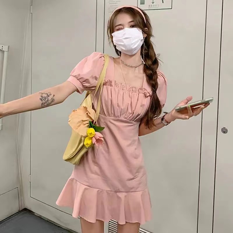 甜辣妹泡泡袖白色連衣裙女2024夏季新款法式初戀小個子氣質短裙子