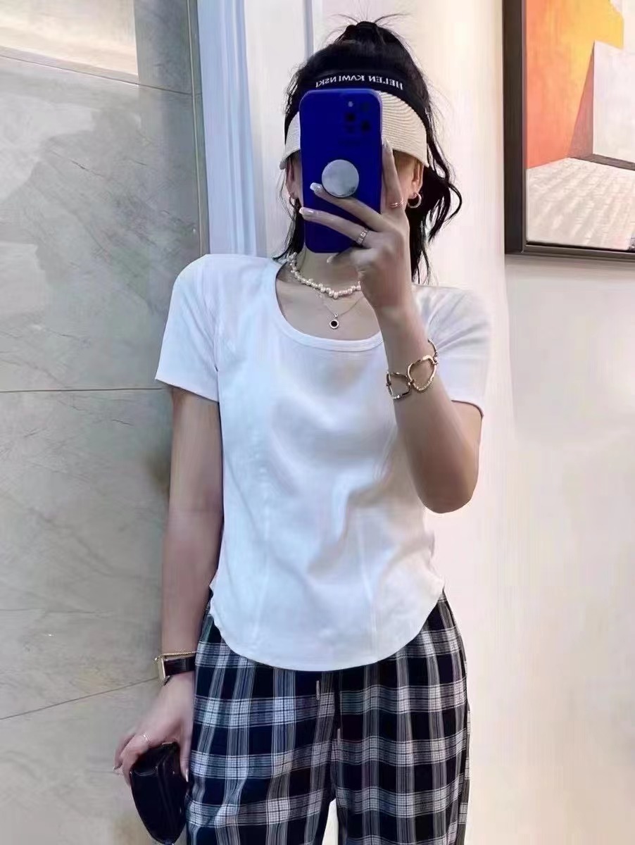 純棉正肩高腰魚骨翻領撞色短袖t恤女夏季2024新款設計感小眾上衣