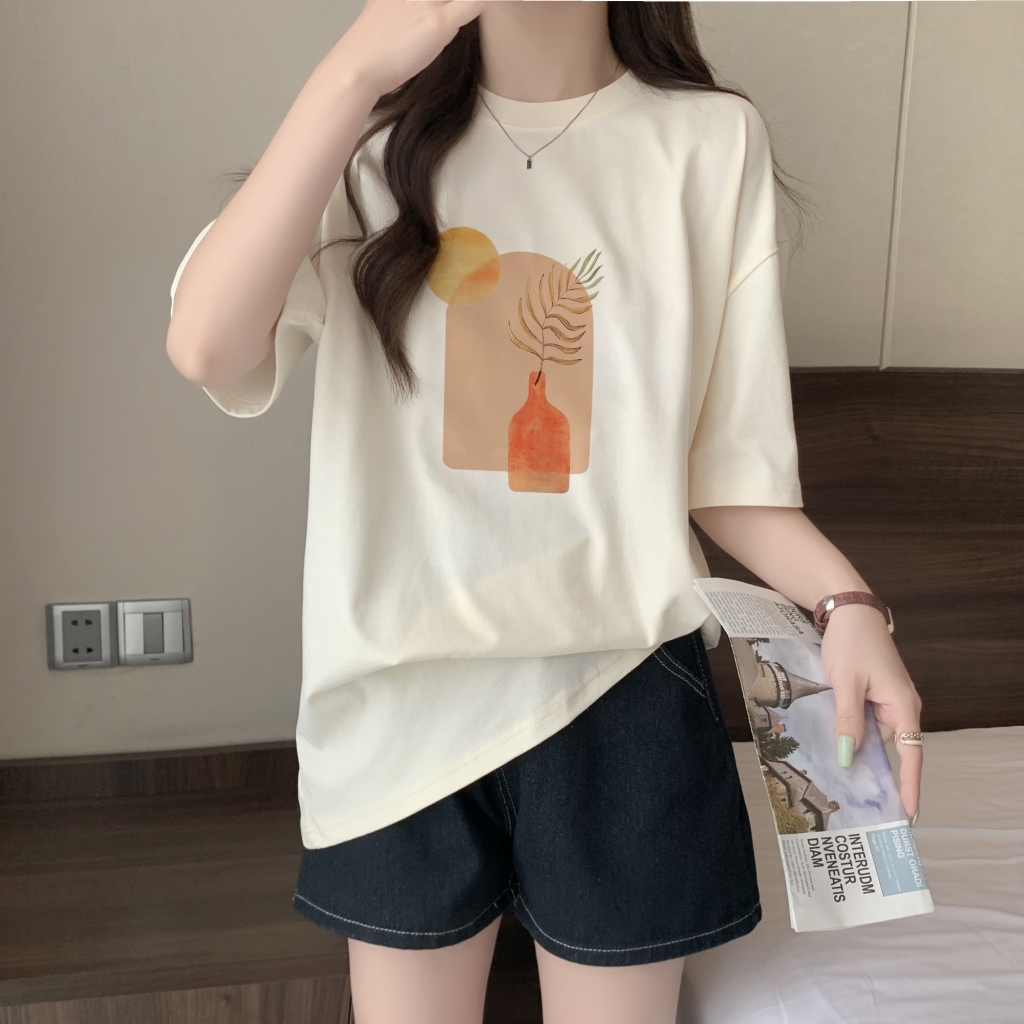 實拍 100%棉精梳純棉 印花夏裝短袖T恤女寬鬆韓版