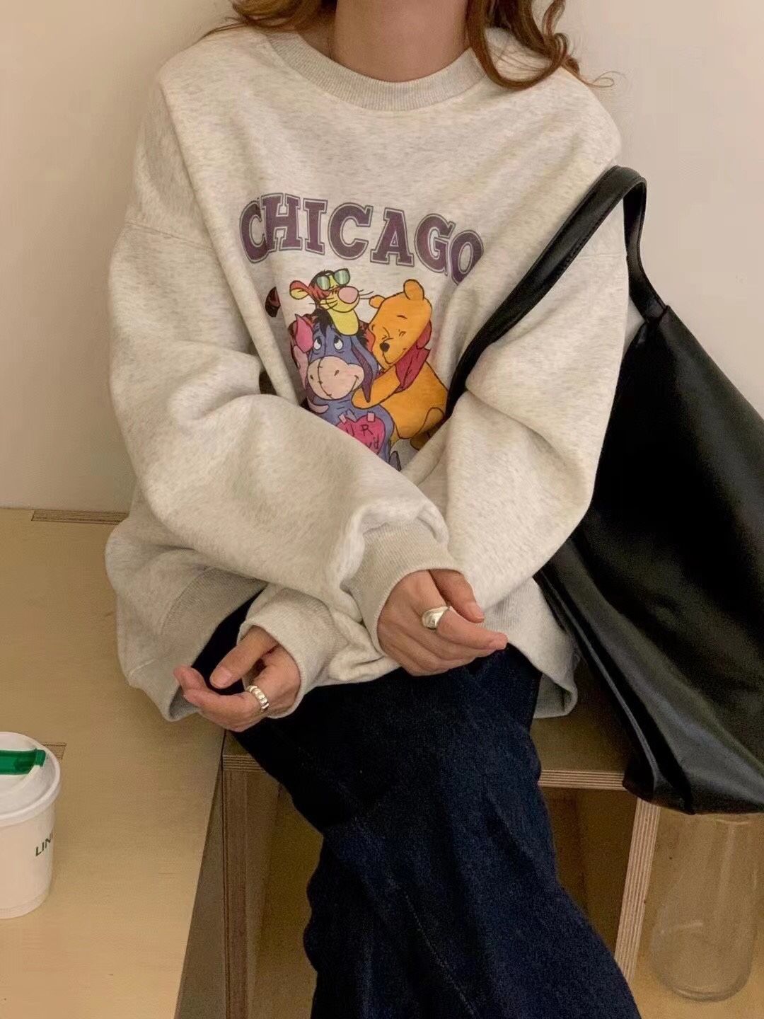 小熊維尼魚鱗卡通印花寬鬆衛女衣少女感休閒上衣
