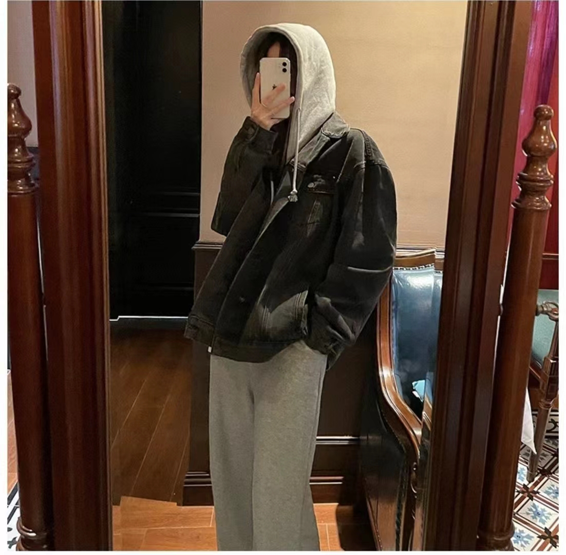 New Korean style hooded fake two-piece patchwork sweatshirt denim jacket women's top retro versatile style
