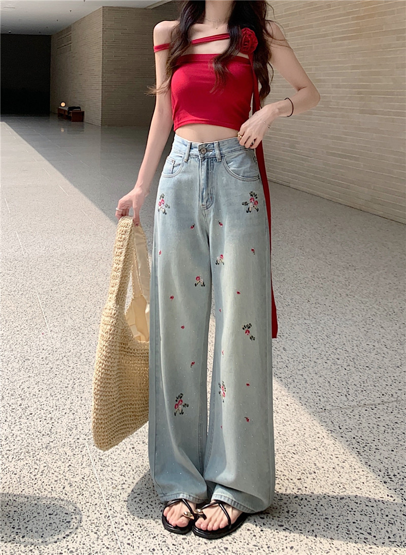 實拍~國風花朵刺繡直筒牛仔褲女春季設計感高腰顯瘦闊腿褲子