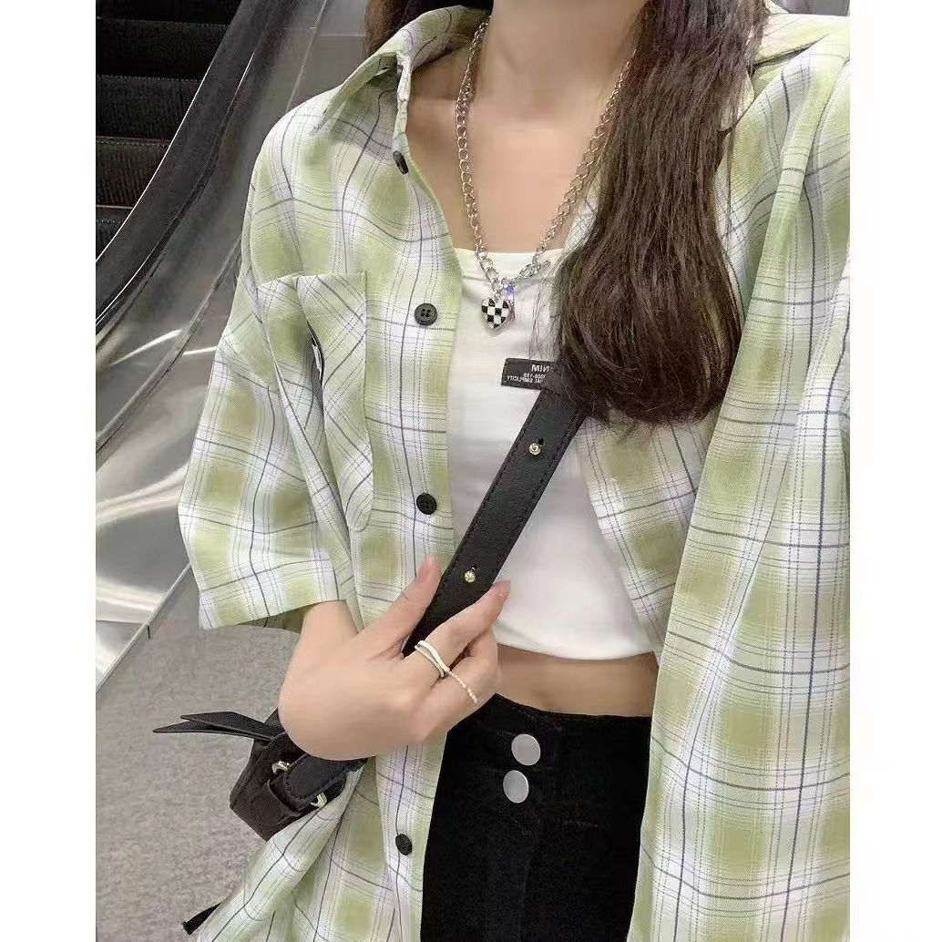 綠色格子短袖襯衫女夏季新款復古小清新襯衣小眾別致設計上衣外套