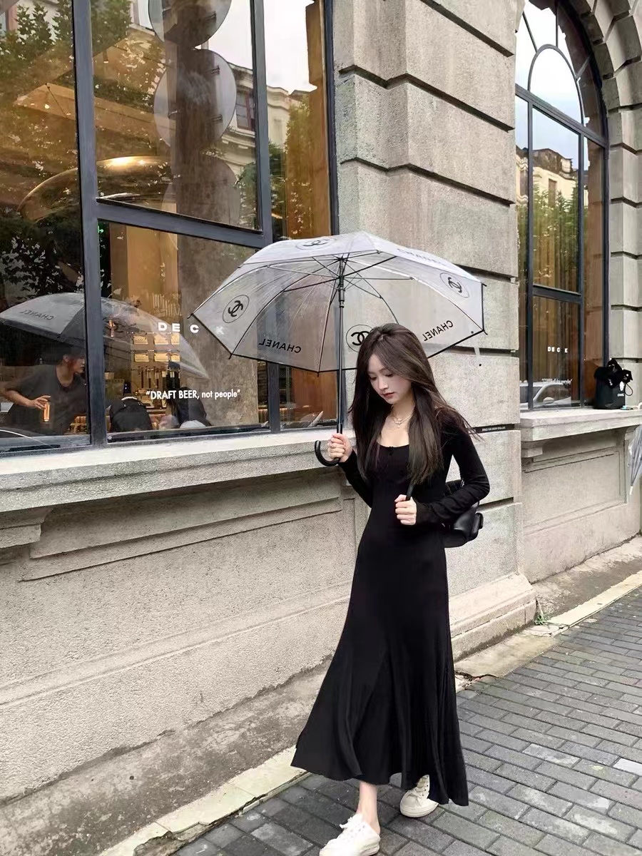 珍珍家紙片人連衣裙壓褶黑色圓領高腰顯瘦長款魚尾裙小個子