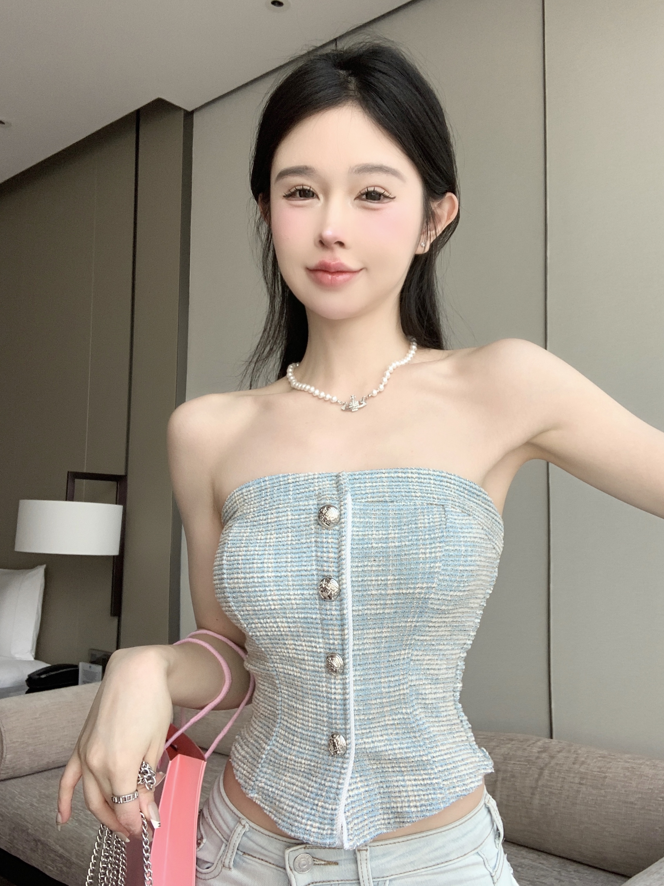 實拍  輕熟氣質短款抹胸背心辣妹短款裹胸外穿上衣