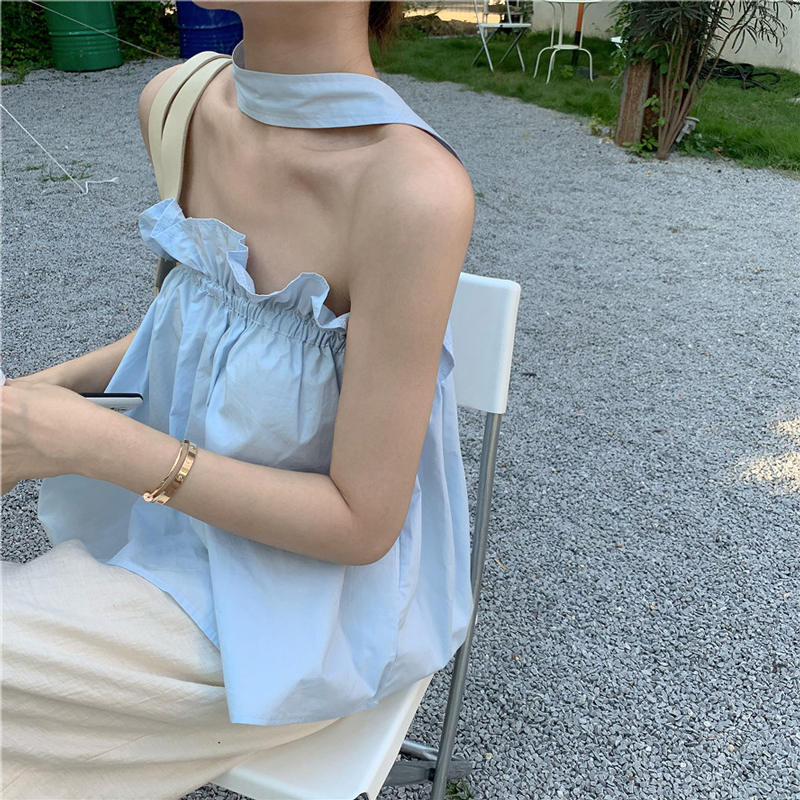 韓系簡約學院風辣妹掛脖抹胸設計感小眾百搭上衣女