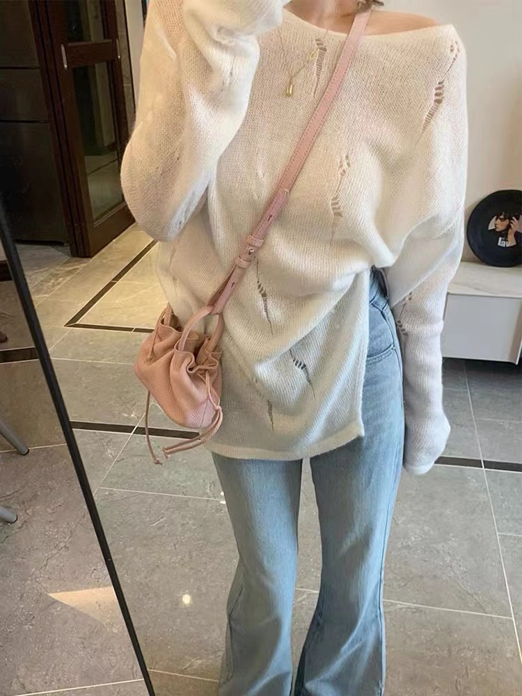 Hollow-out knitted sweater for women, thin sweater, sun protection blouse, spring and summer design, lazy style, soft waxy top