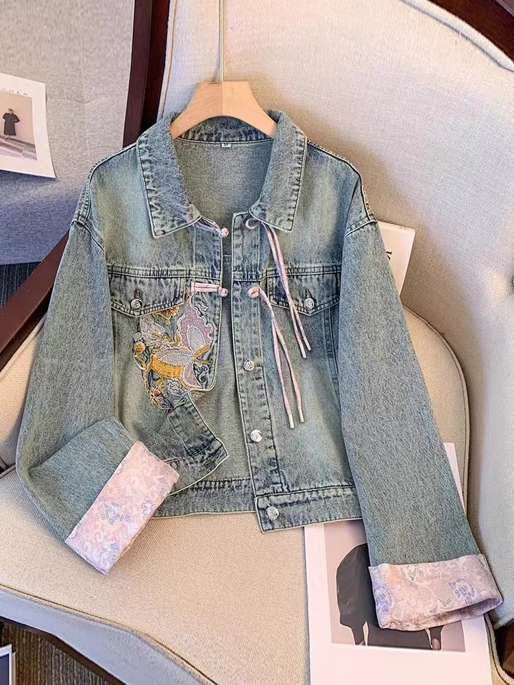 新中式國風盤扣牛仔外套女春秋季2024新款刺繡唐裝小個子短款夾克