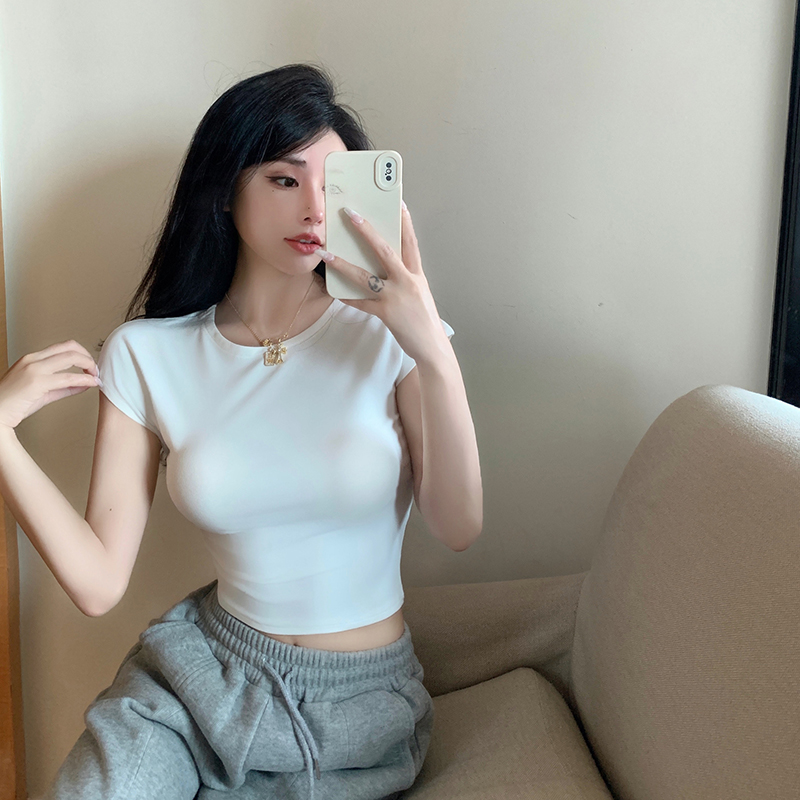 Real shot Summer new design hot girl waist-cinching round neck short-sleeved T-shirt tight slimming short-sleeved pure lust top for women