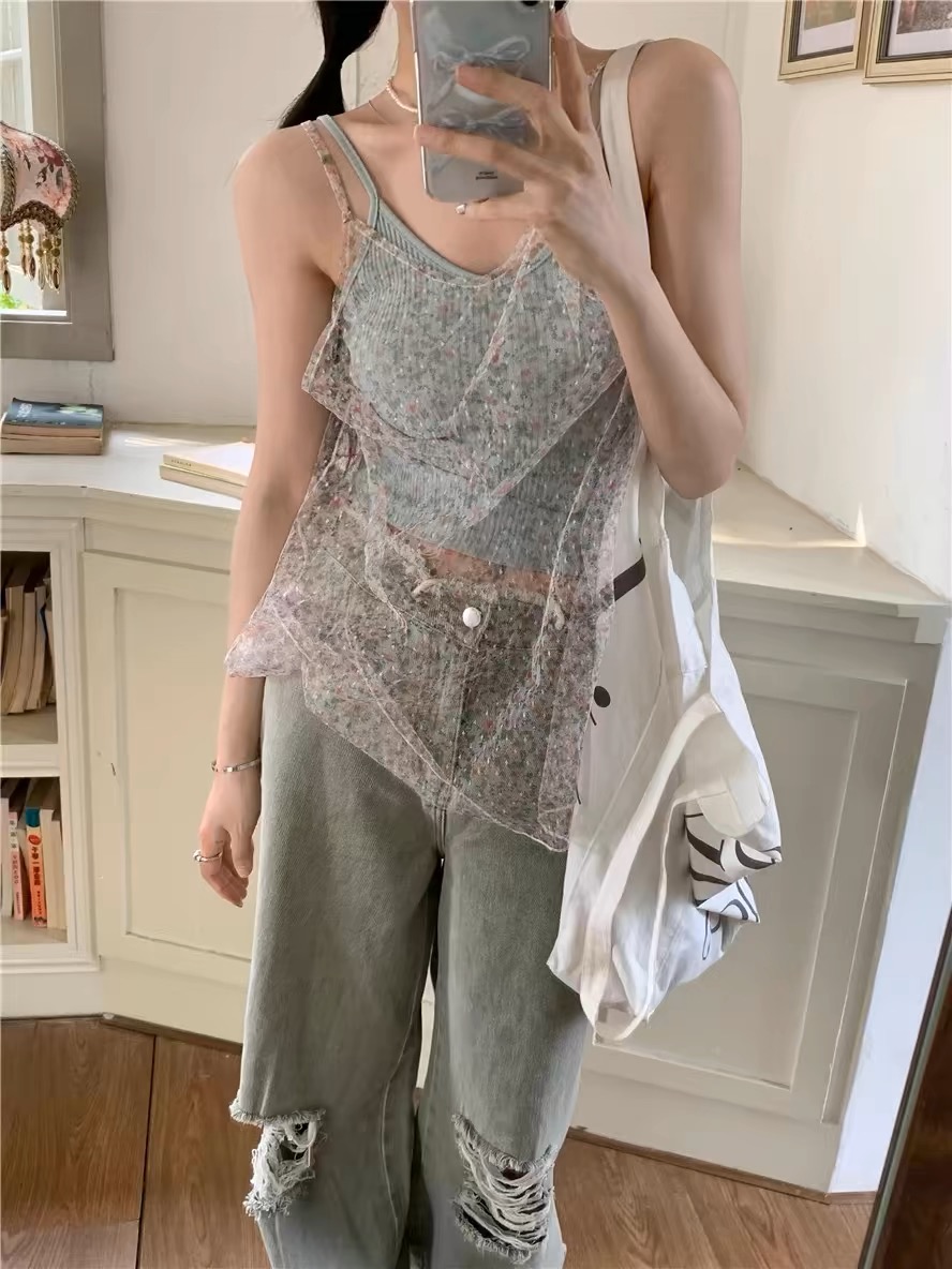 吊帶辣妹套裝女碎花透視背心早春季內搭修身短款小上衣別致兩件套