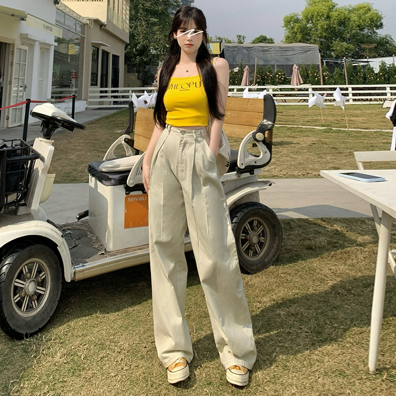 實拍~守望杏子灰高級感寬鬆設計感休閒拖地休閒腿 直筒褲長褲