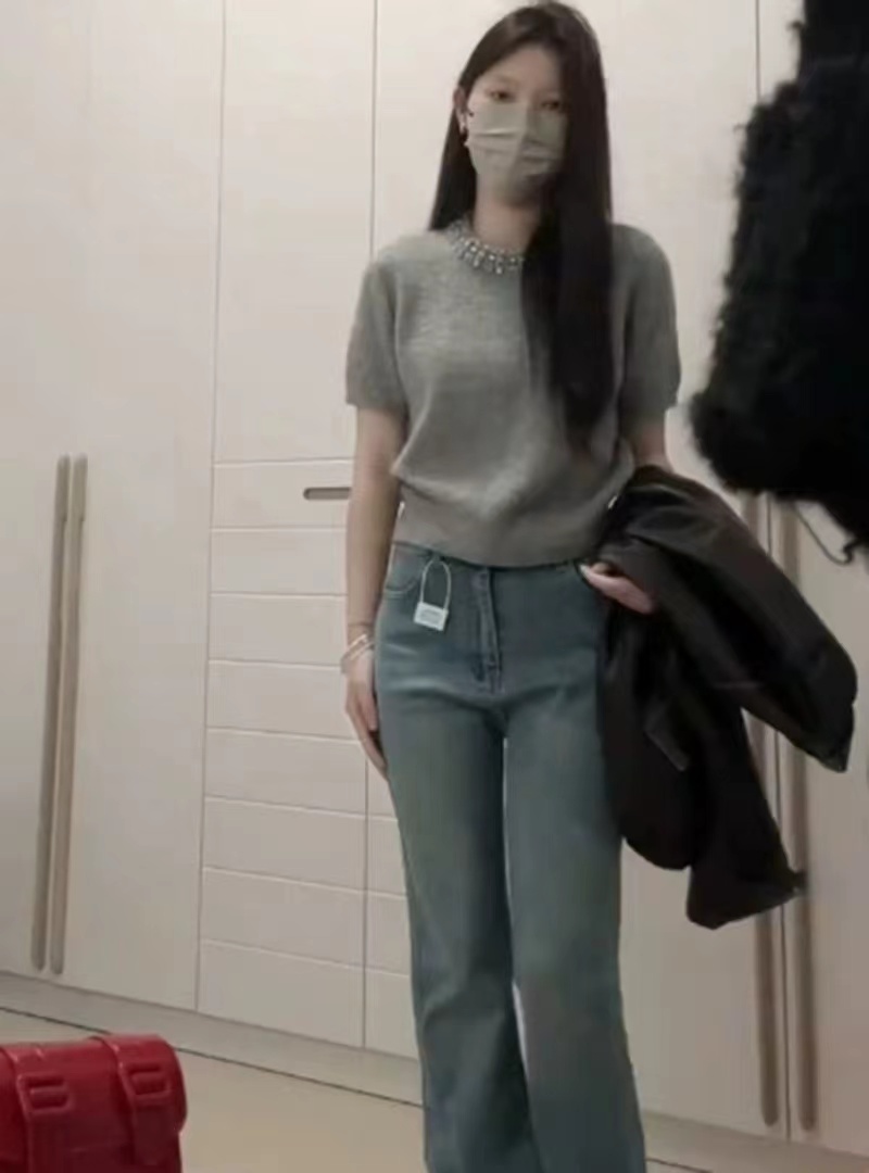 韓版復古灰色帶鑽圓領短袖針織衫女夏季寬鬆氣質獨特休閒百搭上衣