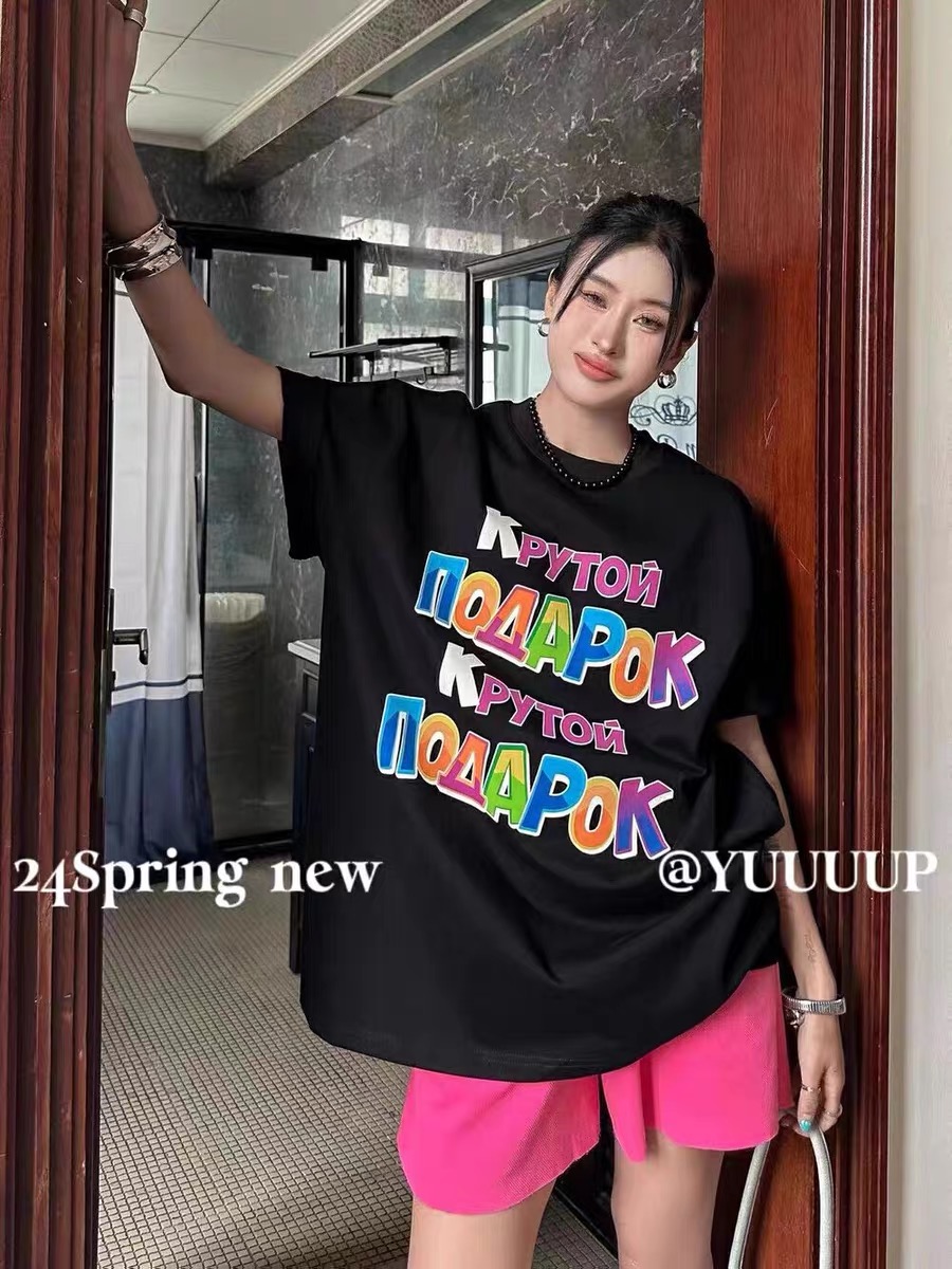 2024春夏美式彩色字母印花韓版寬鬆休閒短袖T恤上衣女